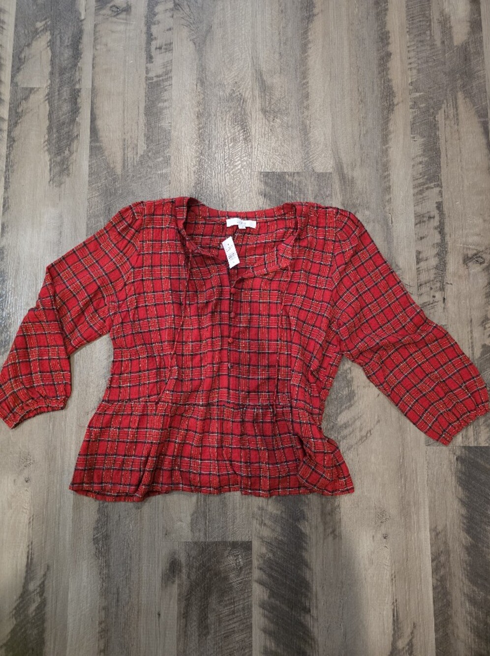 LOFT Red Plaid Peplum Button-Up Blouse